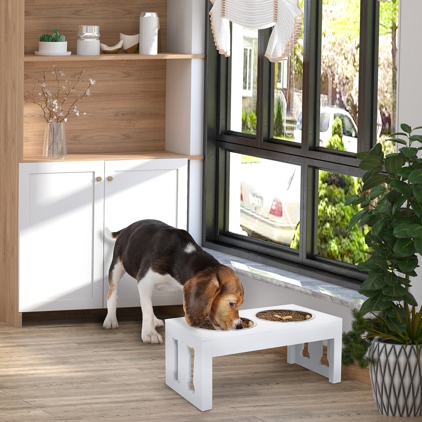 23-Inch Elevated Wooden Dog Bowl Stand with Stainless Steel Bowls - White