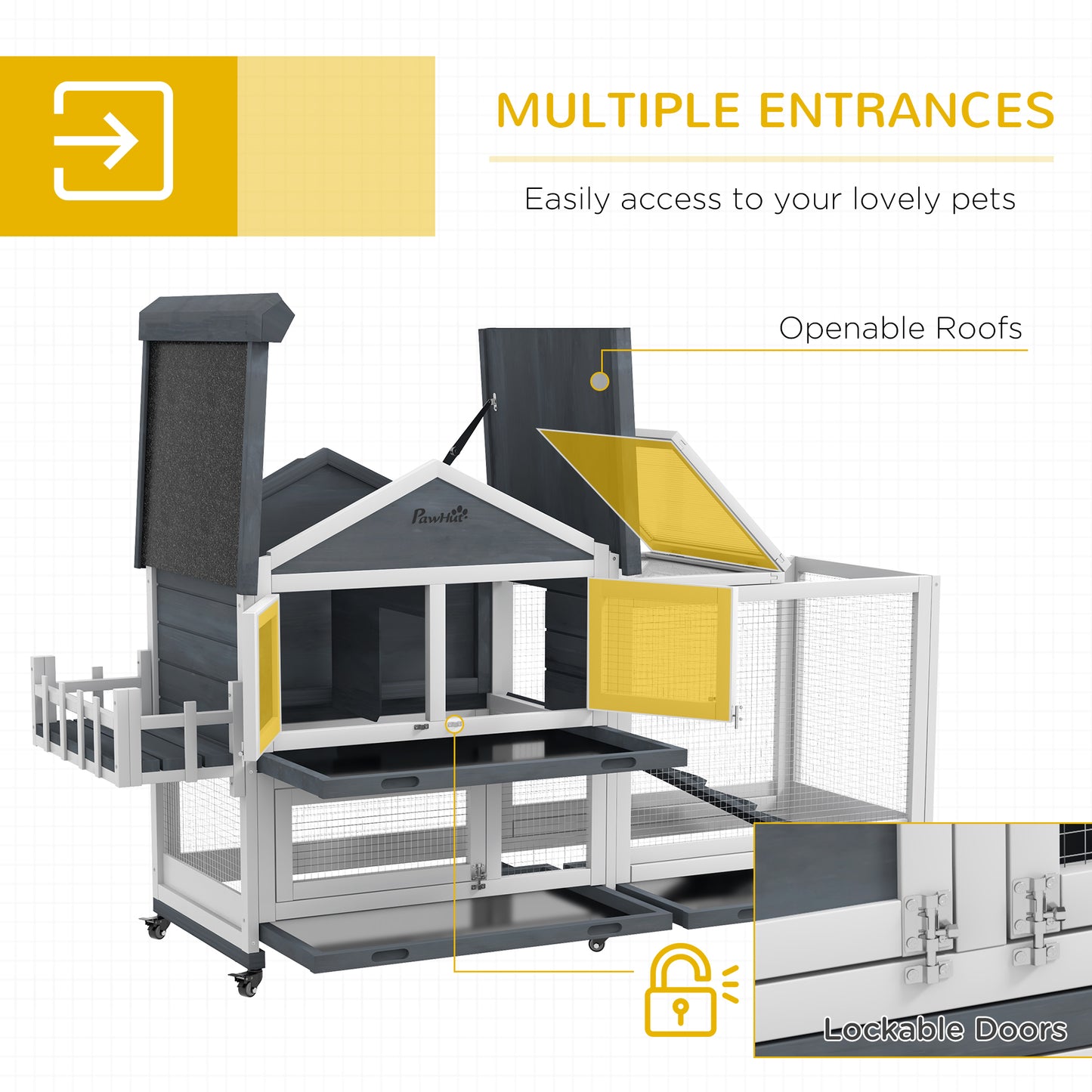 Wooden Rabbit Hutch with Openable Roof & Storage - 65 Inch Pet House for Small Animals, Gray