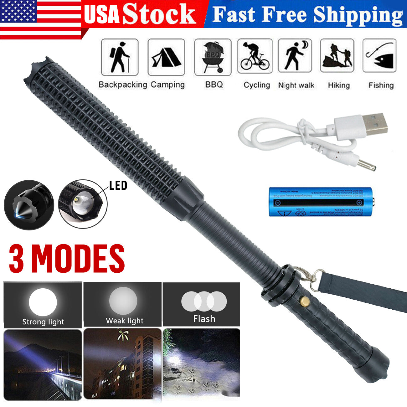 Rechargeable LED Flashlight with Zoom & Emergency Hammer - Waterproof Work Light