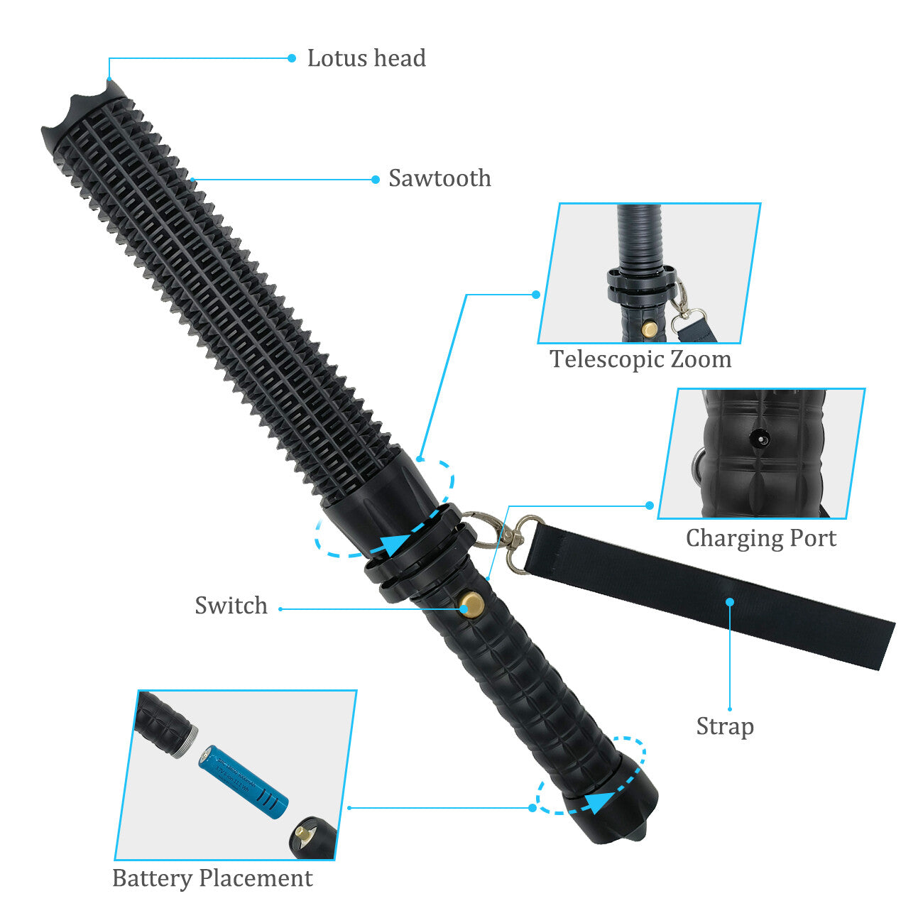 Rechargeable LED Flashlight with Zoom & Emergency Hammer - Waterproof Work Light