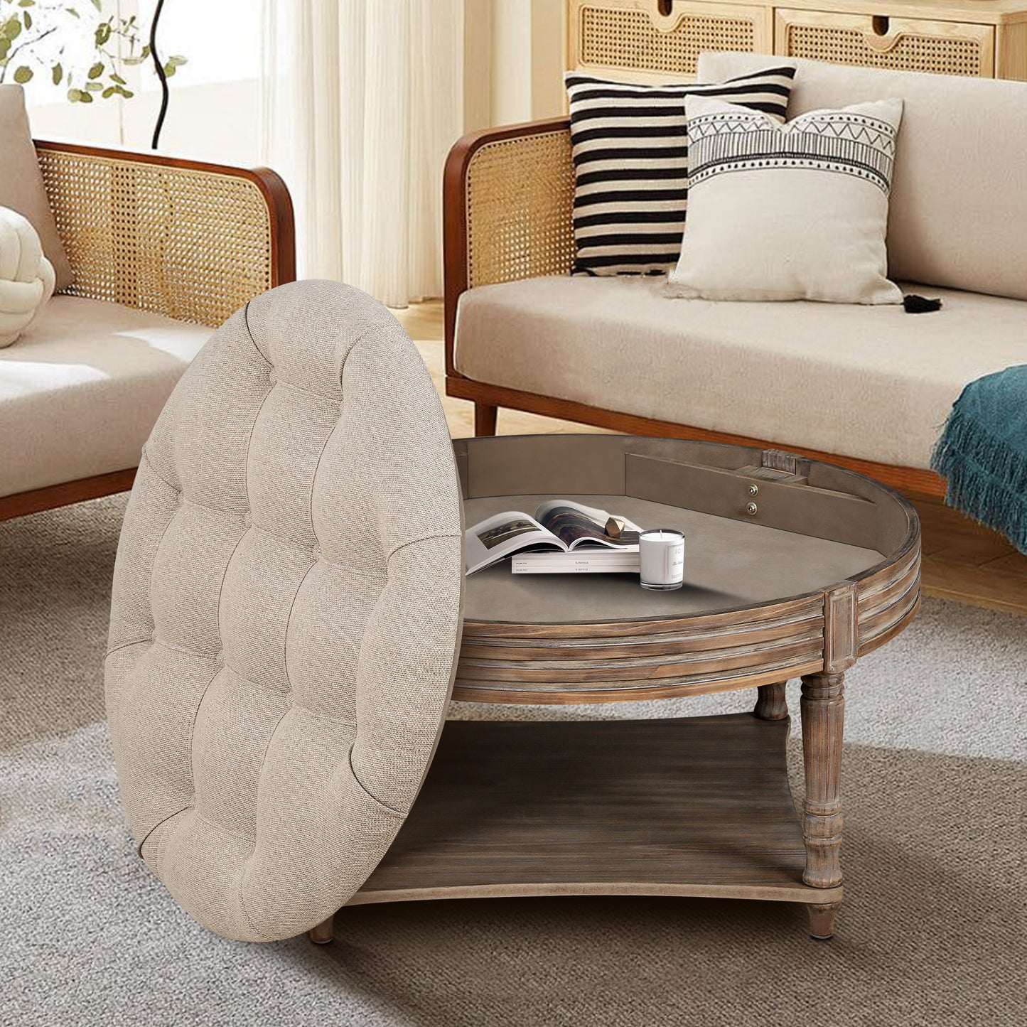 Large Round Waterproof Ottoman Coffee Table with Storage - Gray & Khaki