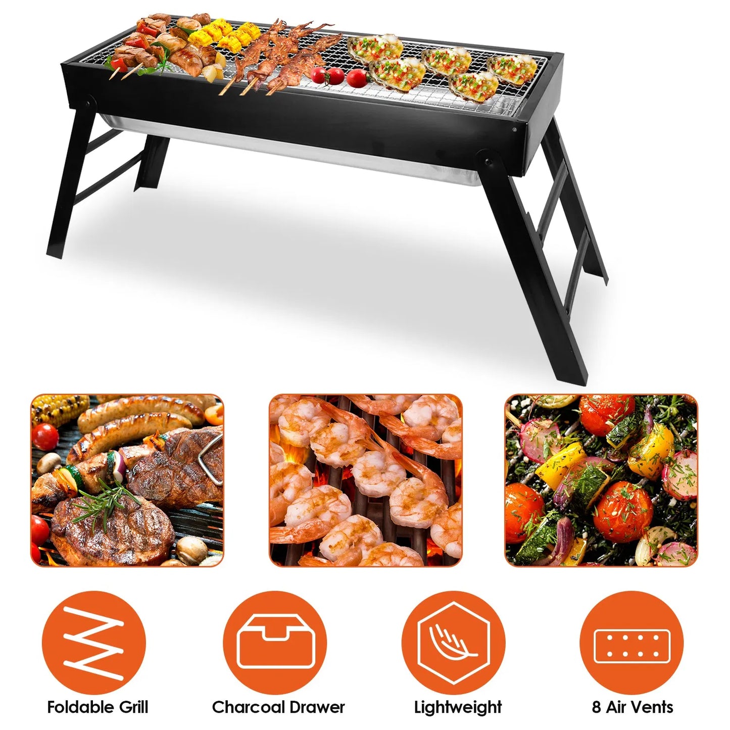 Portable Foldable Charcoal BBQ Grill - Stainless Steel for Camping