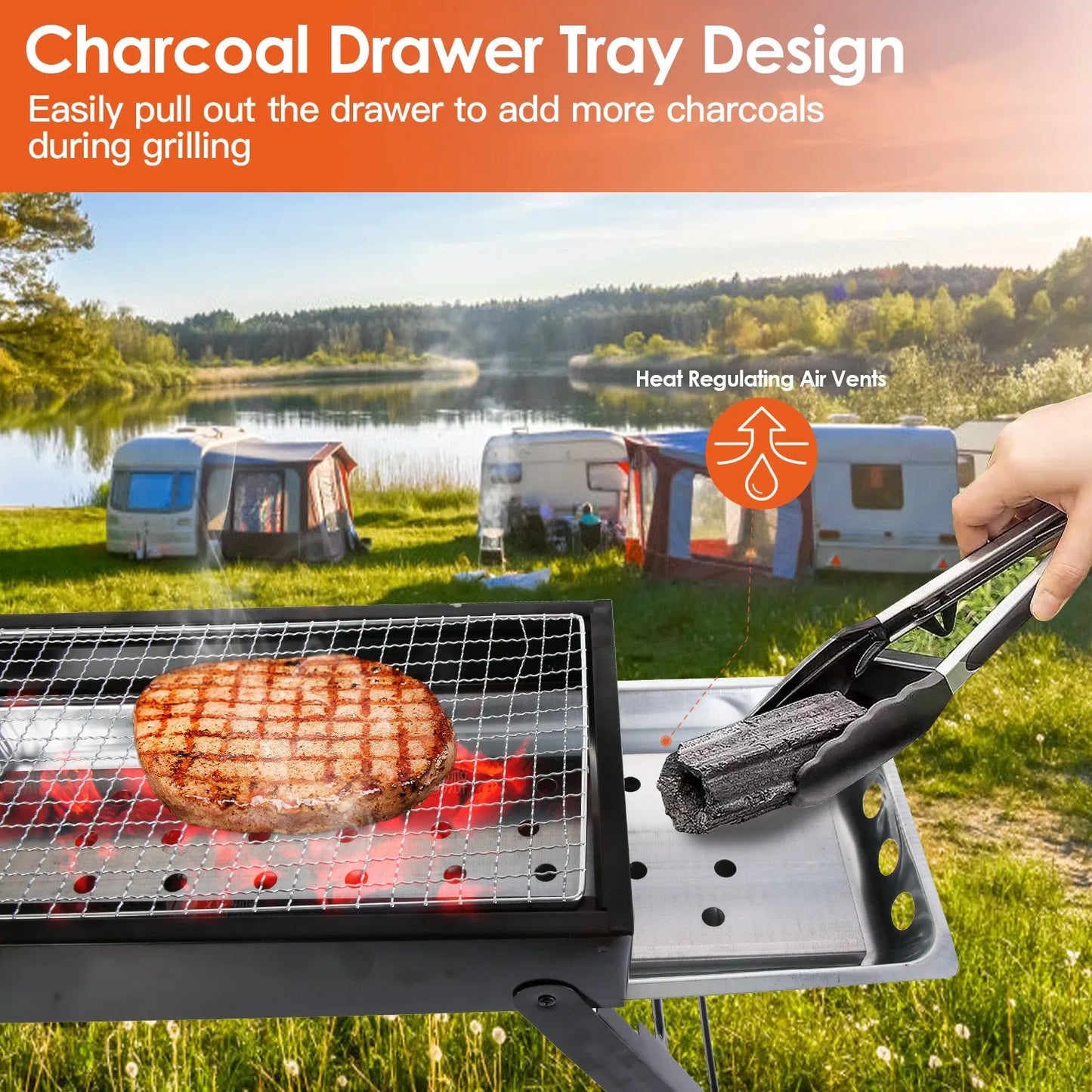 Portable Foldable Charcoal BBQ Grill - Stainless Steel for Camping