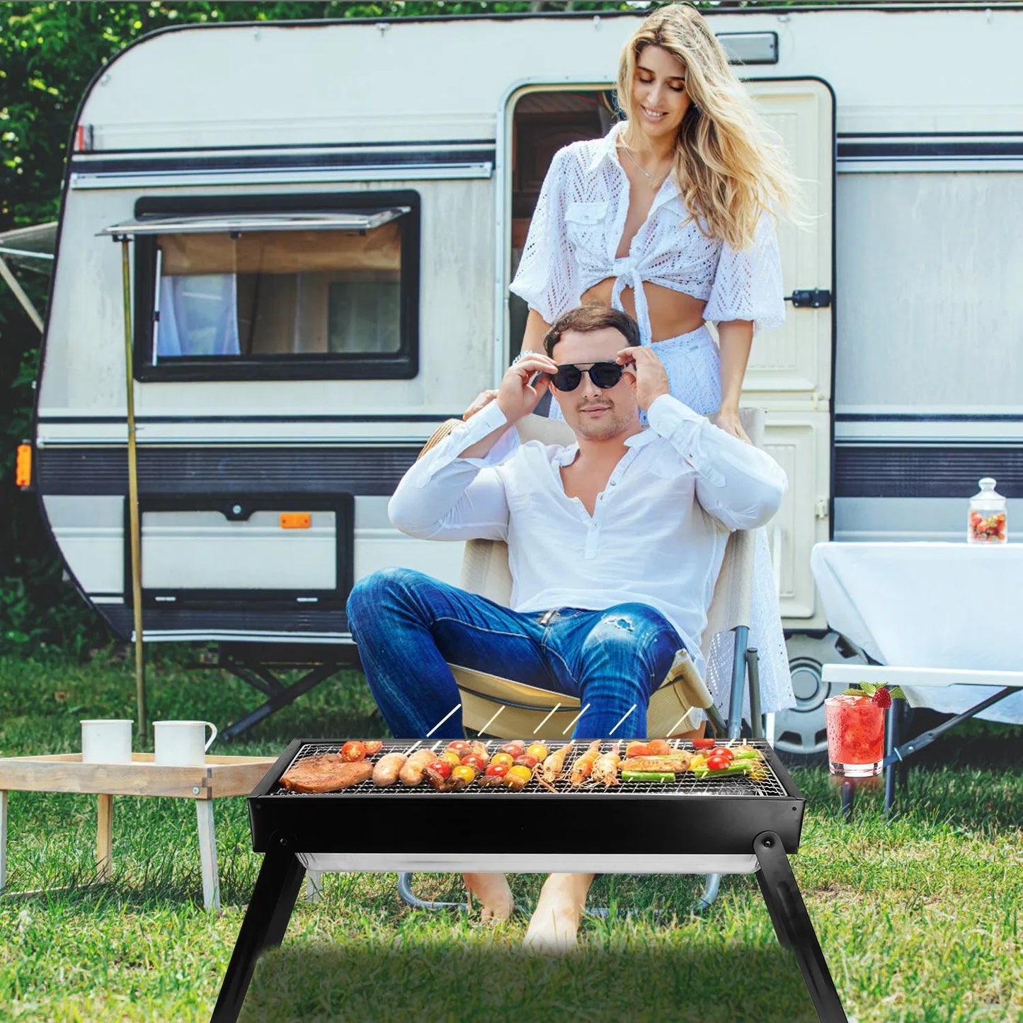Portable Foldable Charcoal BBQ Grill - Stainless Steel for Camping
