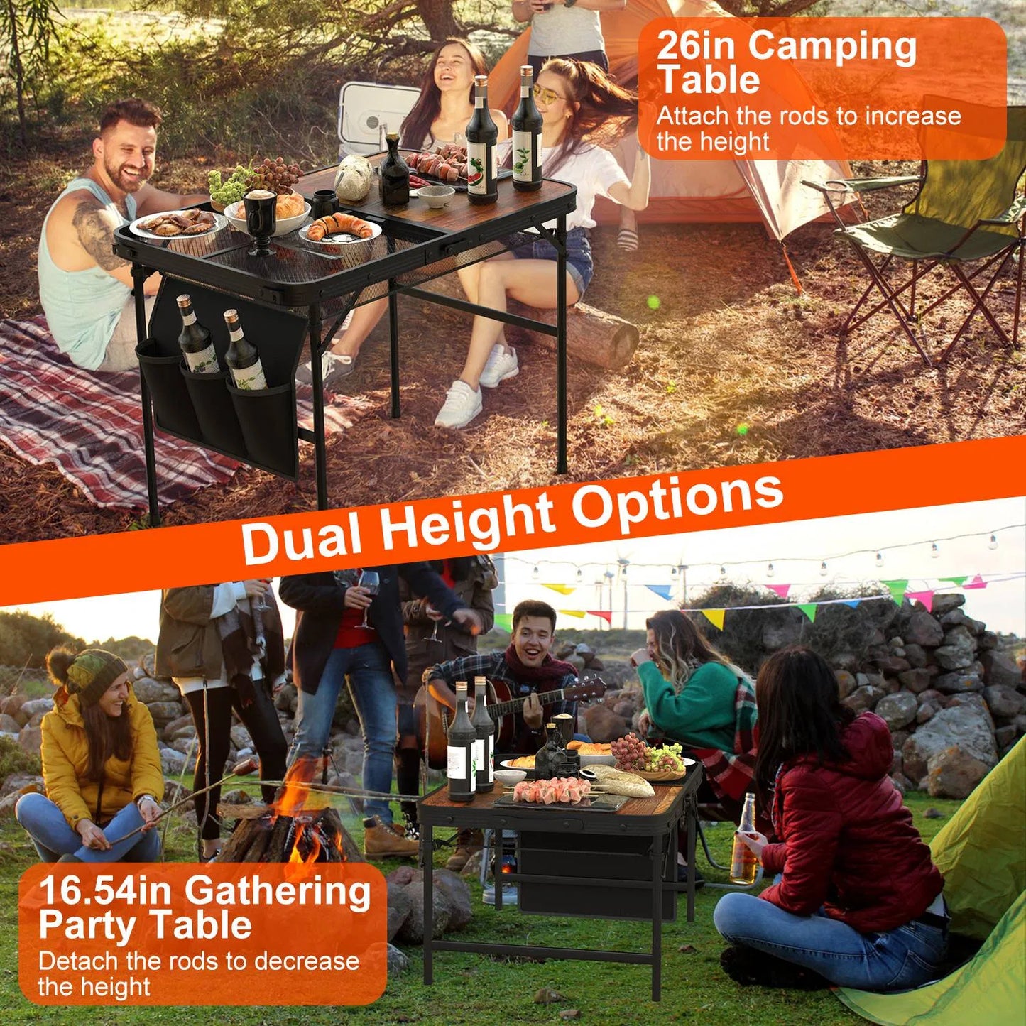 Foldable Camping Table with Adjustable Height & Storage Net - Black