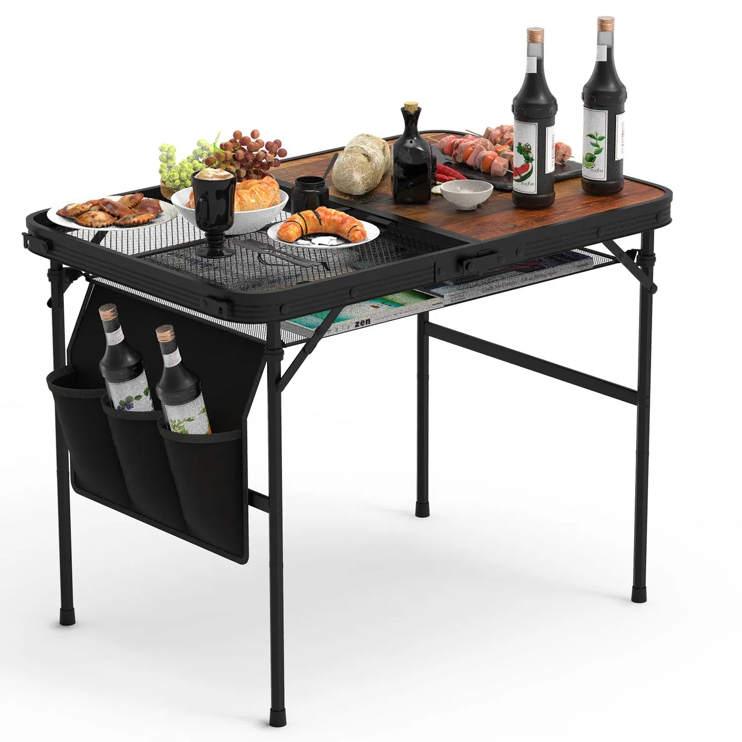 Foldable Camping Table with Adjustable Height & Storage Net - Black