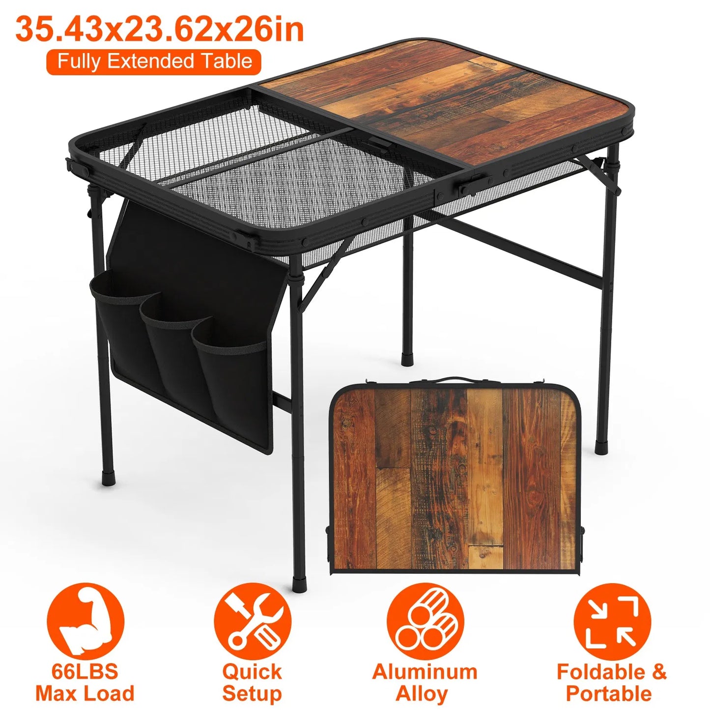 Foldable Camping Table with Adjustable Height & Storage Net - Black