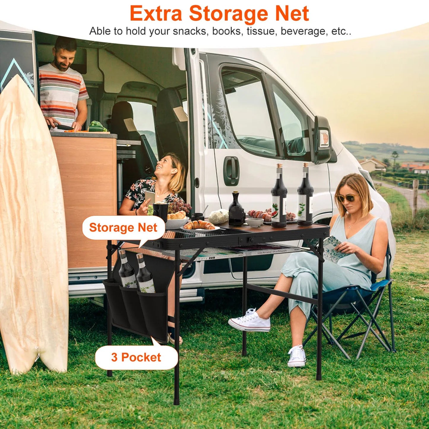 Foldable Camping Table with Adjustable Height & Storage Net - Black