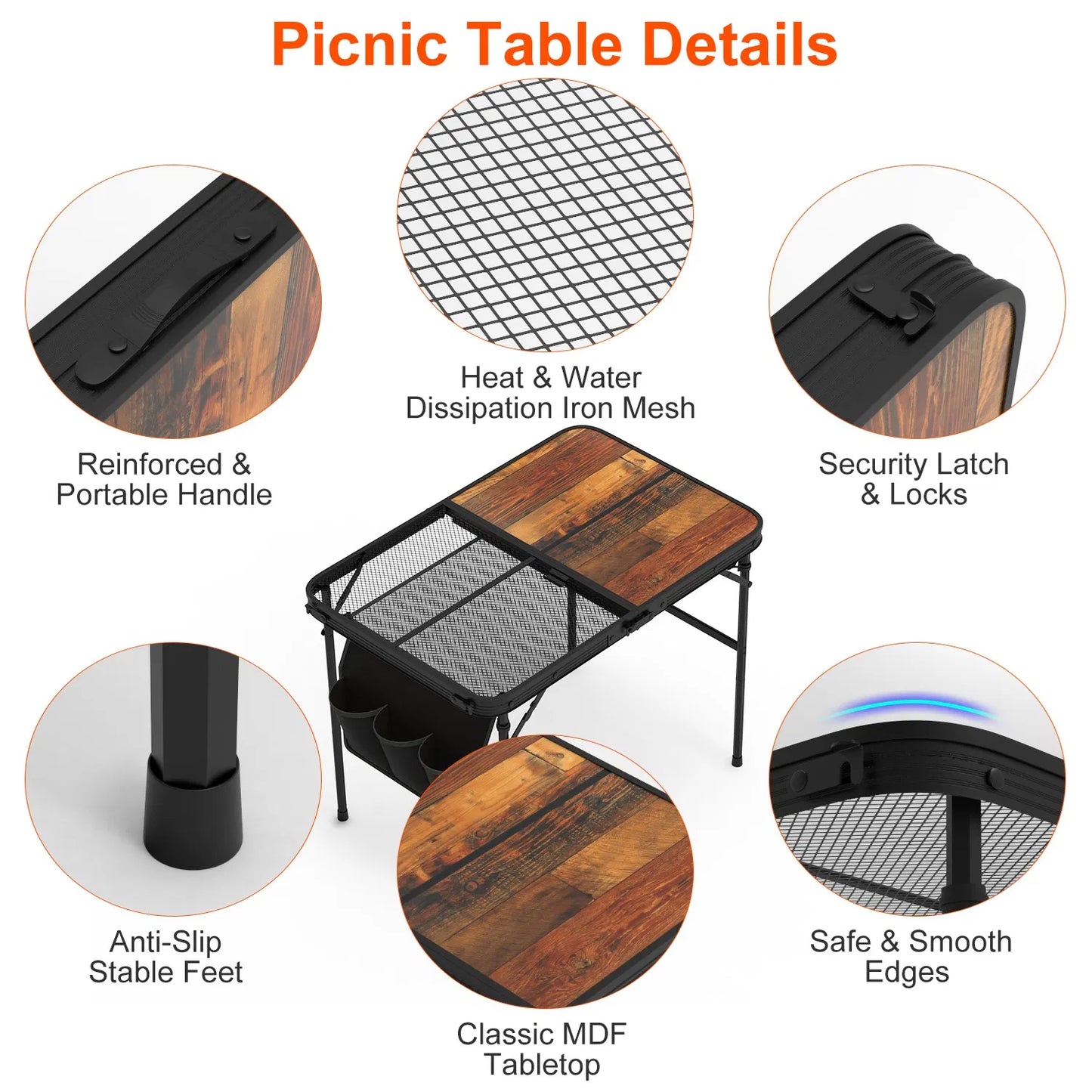 Foldable Camping Table with Adjustable Height & Storage Net - Black