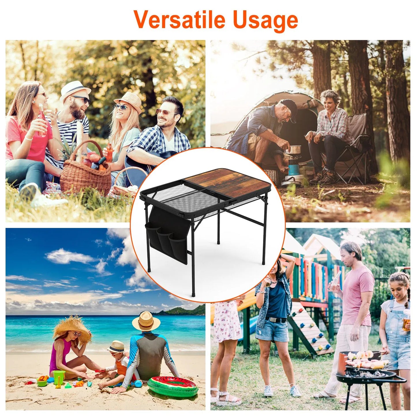 Foldable Camping Table with Adjustable Height & Storage Net - Black