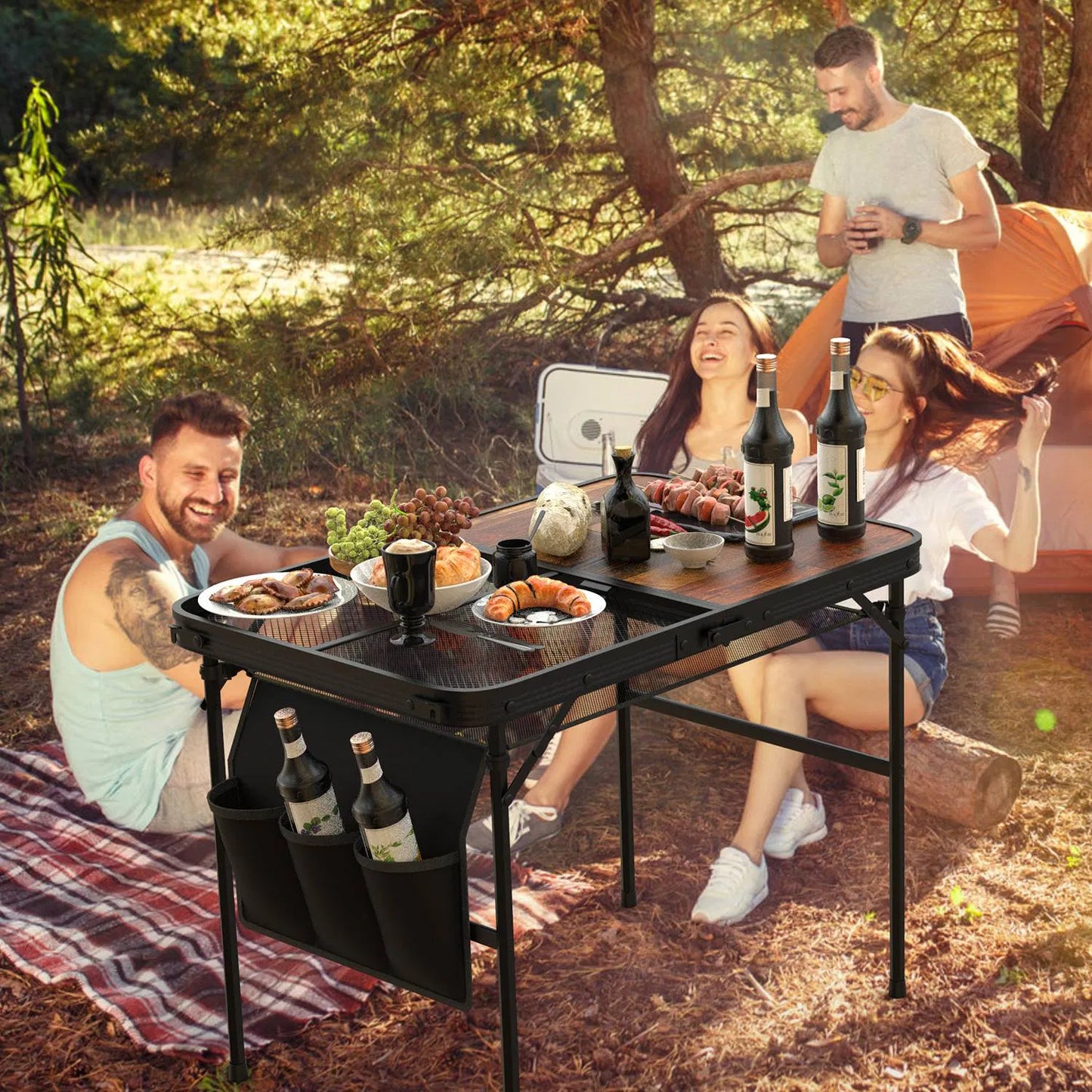 Foldable Camping Table with Adjustable Height & Storage Net - Black