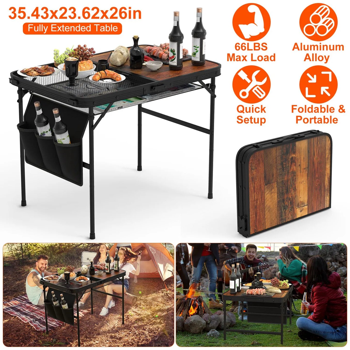Foldable Camping Table with Adjustable Height & Storage Net - Black