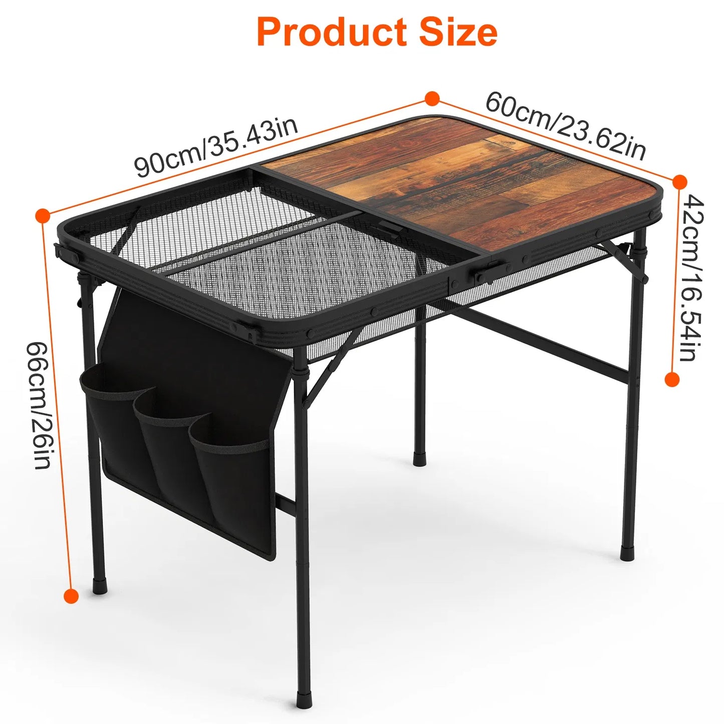 Foldable Camping Table with Adjustable Height & Storage Net - Black