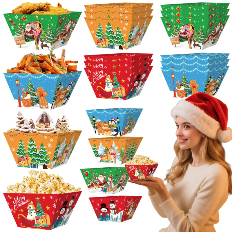 12 Pcs Christmas Paper Food Trays - Festive Snack Containers
