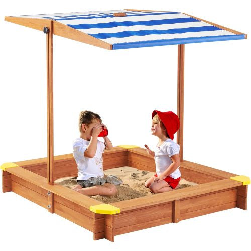 46-Inch Wooden Sandbox with Adjustable Canopy for Kids