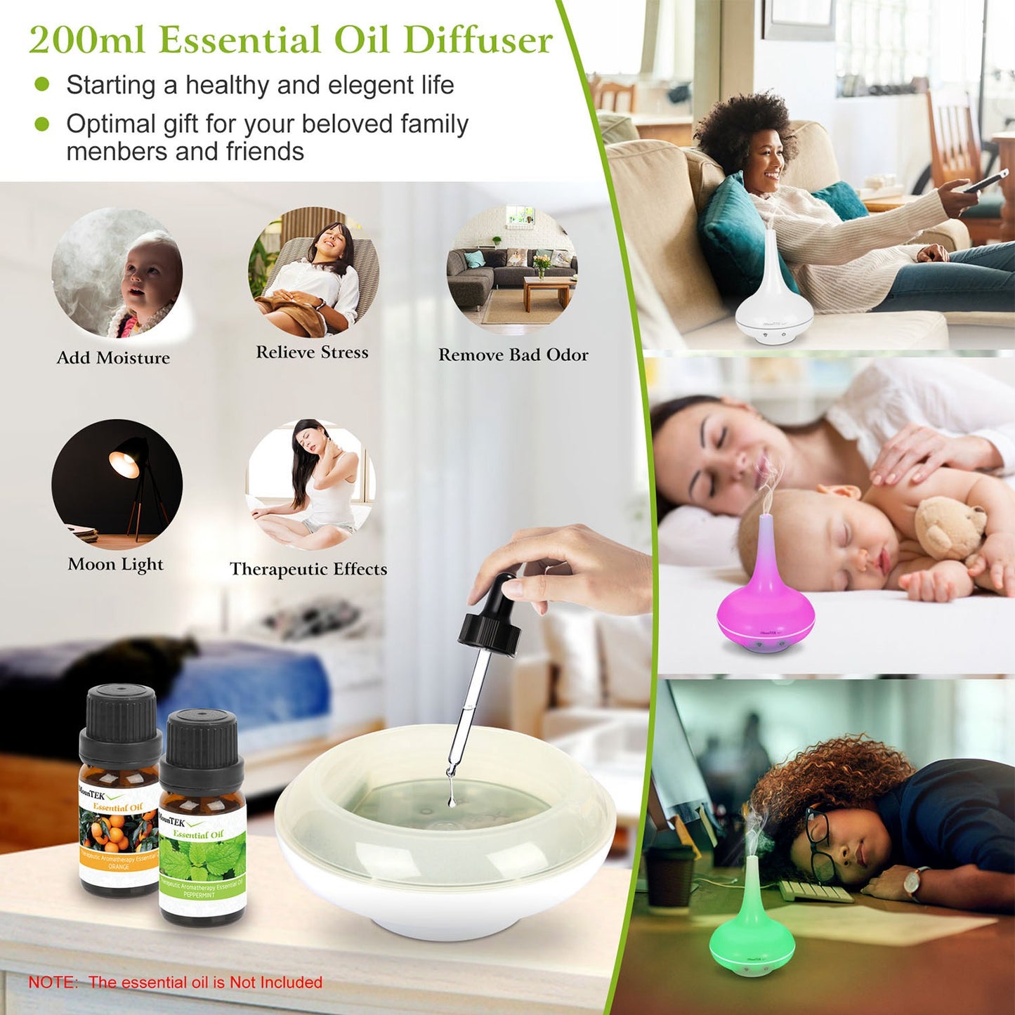 200ml Ultrasonic Essential Oil Diffuser with LED Lights