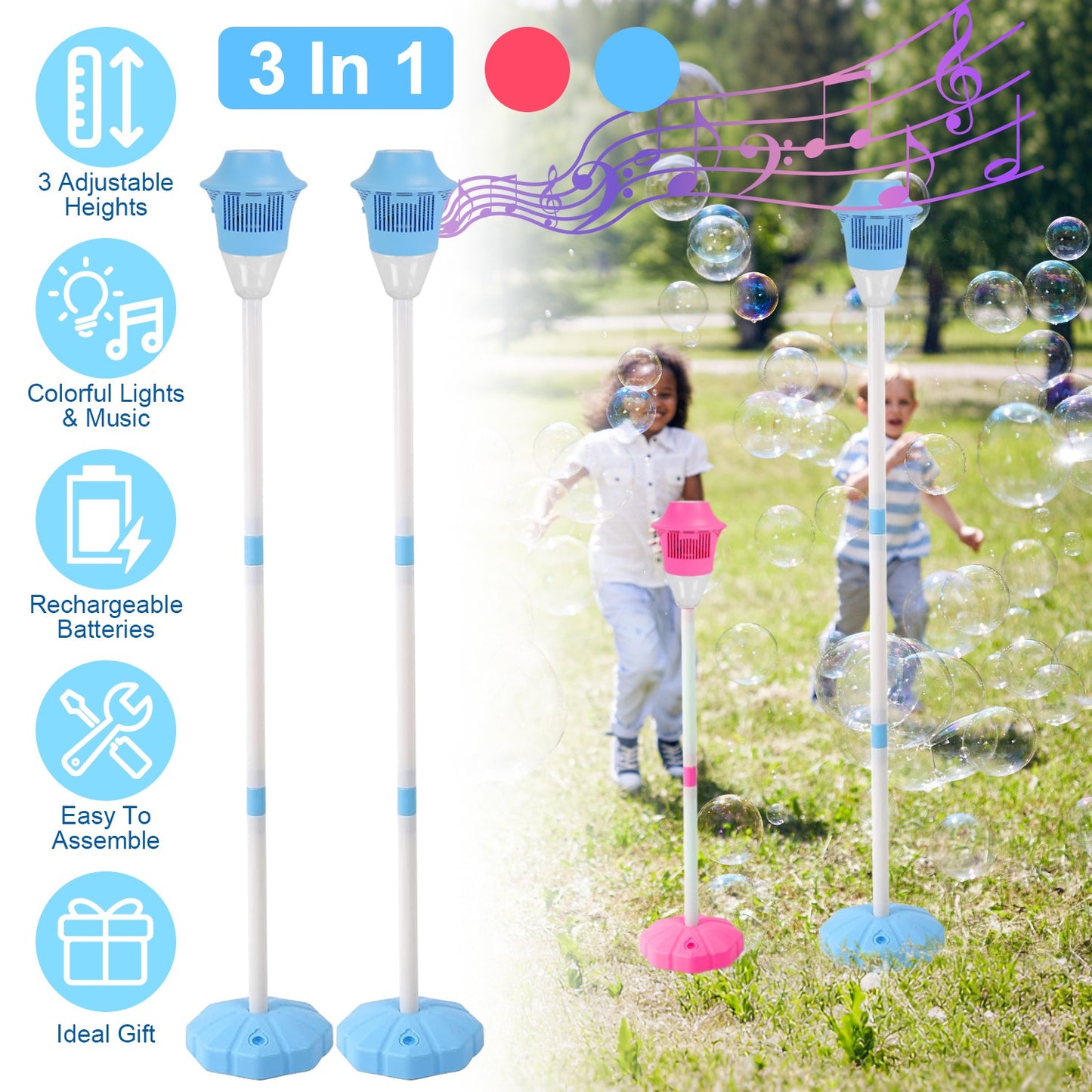 2-Pack 3-in-1 Rechargeable Bubble Machines with Colorful Lights & Music - Adjustable Height