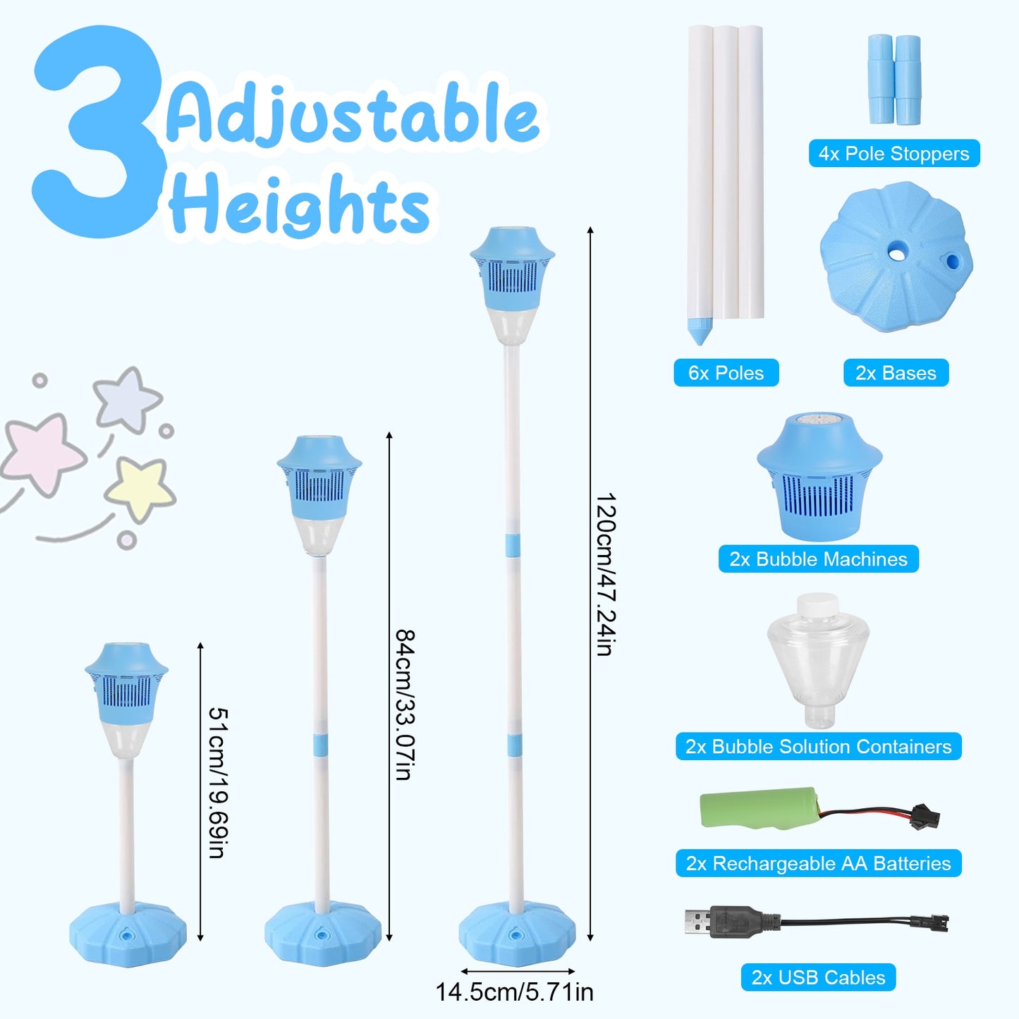 2-Pack 3-in-1 Rechargeable Bubble Machines with Colorful Lights & Music - Adjustable Height