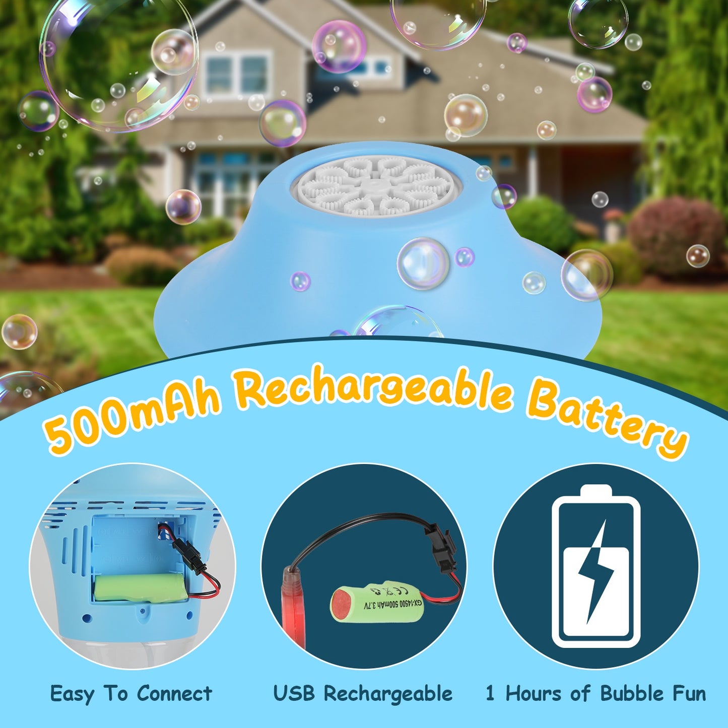 2-Pack 3-in-1 Rechargeable Bubble Machines with Colorful Lights & Music - Adjustable Height