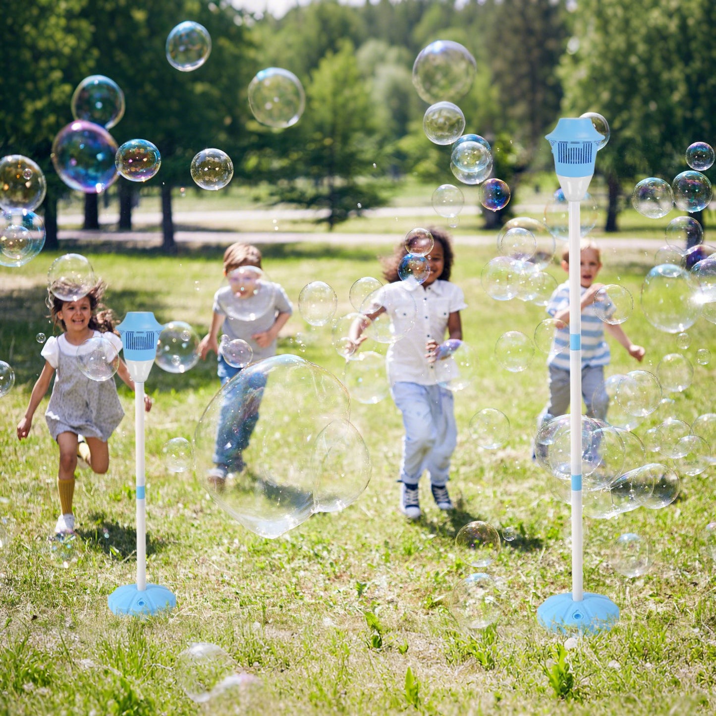 2-Pack 3-in-1 Rechargeable Bubble Machines with Colorful Lights & Music - Adjustable Height