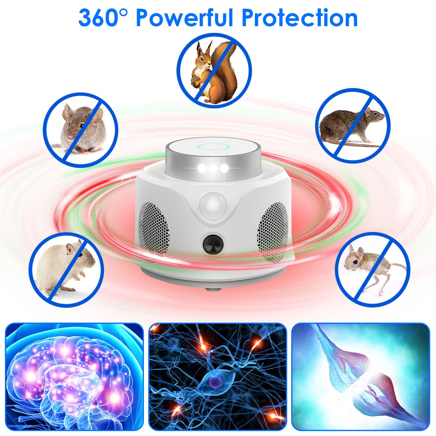 360° Ultrasonic Mice Repellent - 9 LED Strobe Lights, 3 Modes