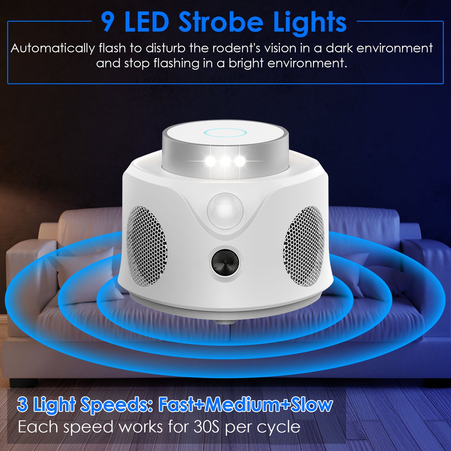 360° Ultrasonic Mice Repellent - 9 LED Strobe Lights, 3 Modes