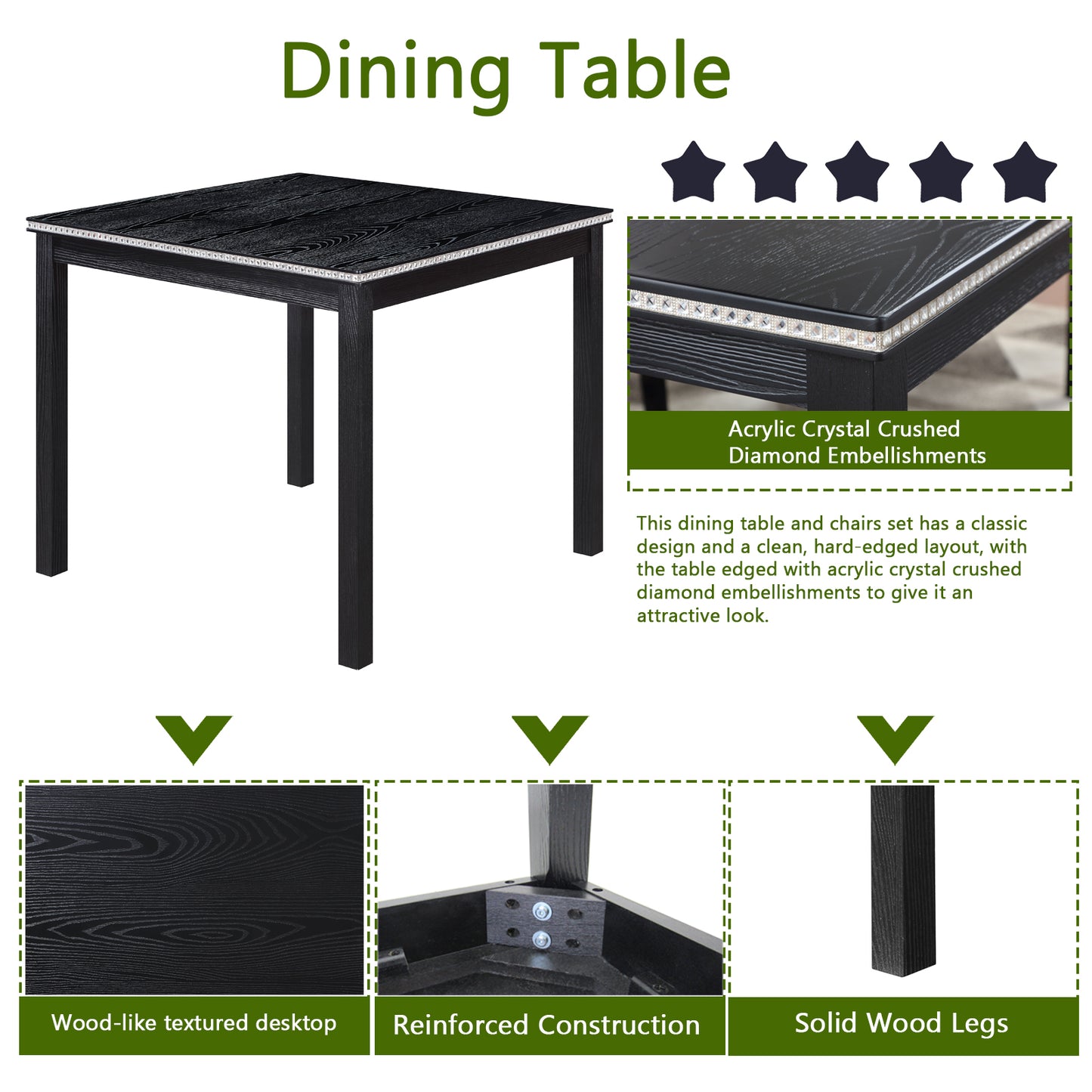 5-Piece Black Wooden Dining Table Set with Upholstered Chairs