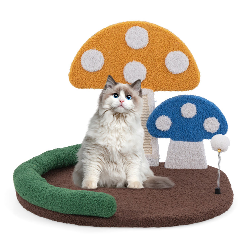 Multicolor Mushroom Cat Bed with Scratcher and Swinging Toy - Cozy Cat Tree