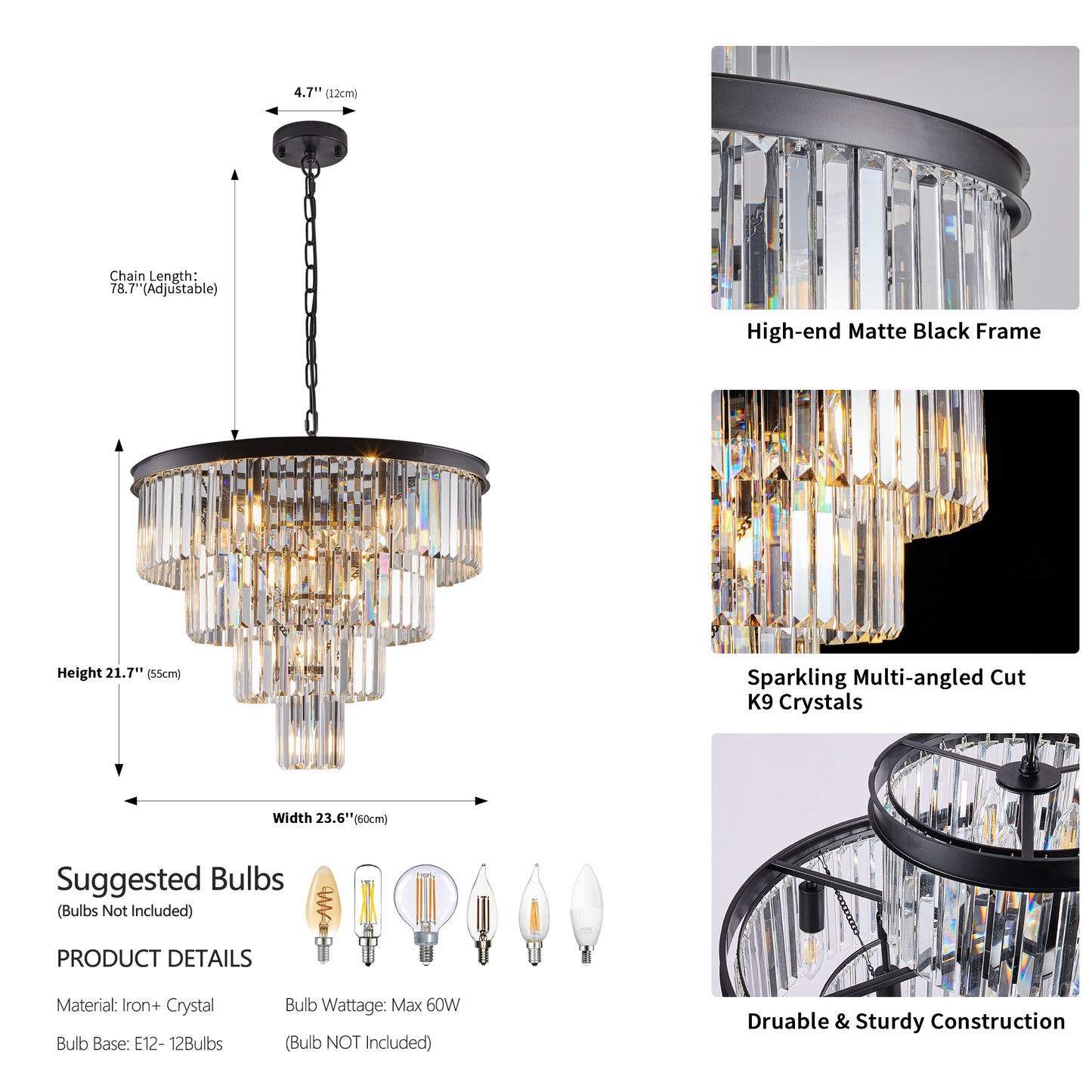 24-Inch Modern Crystal Chandelier Ceiling Light for Dining & Living Room - Black