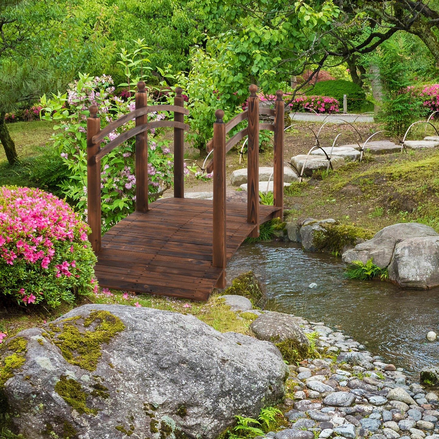 7.5 ft Fir Wood Garden Bridge with Side Railings for Backyard and Pond, Carbonized Finish