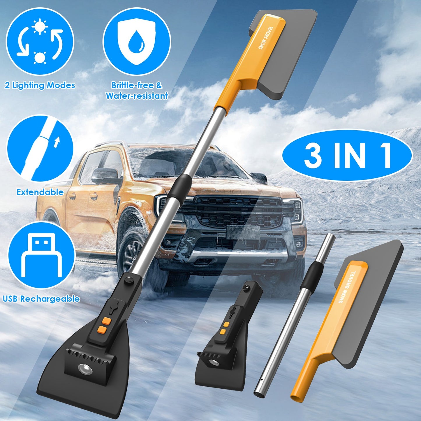 3 In 1 Car Snow Removal Tool with Lights - Telescopic Shovel & Ice Scraper