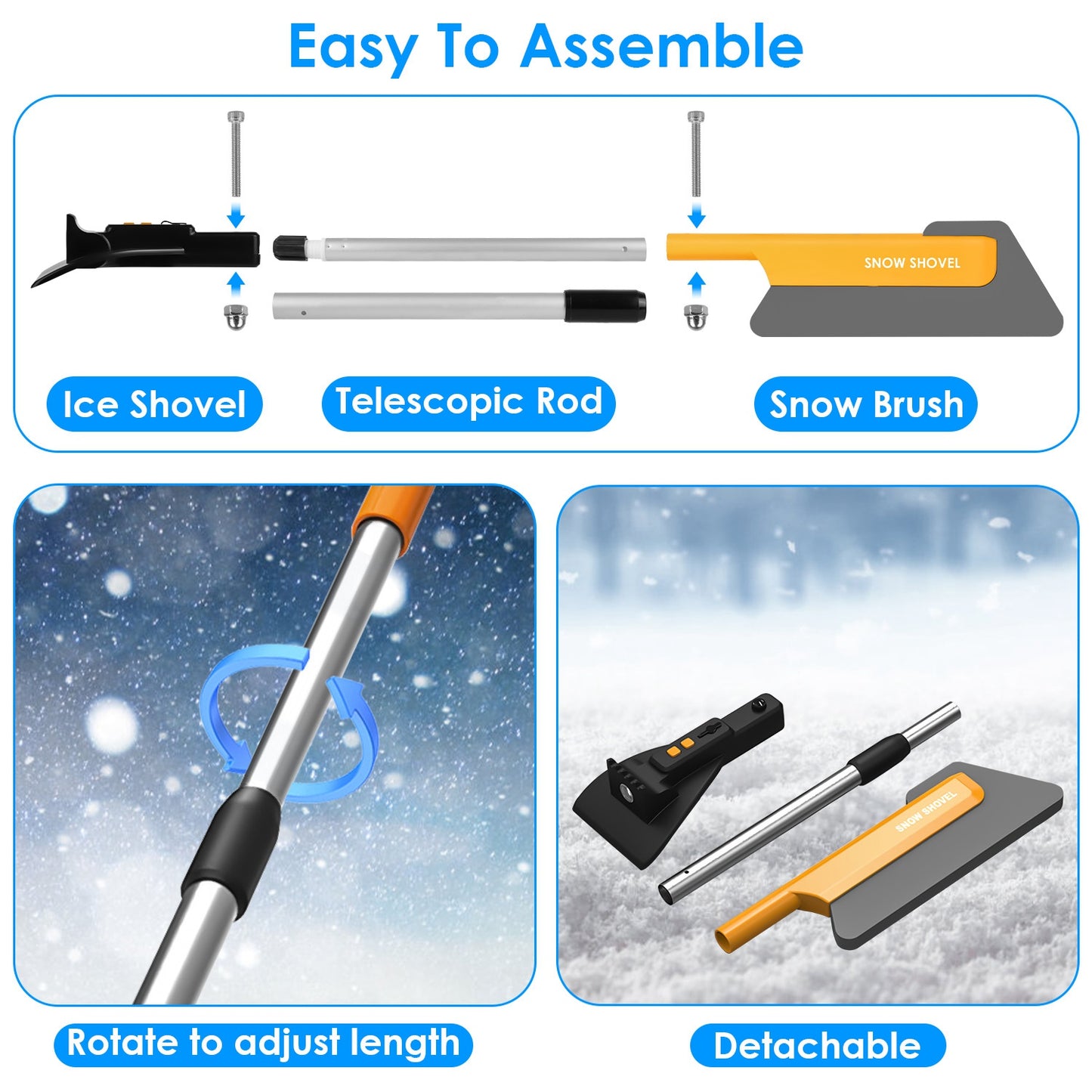 3 In 1 Car Snow Removal Tool with Lights - Telescopic Shovel & Ice Scraper