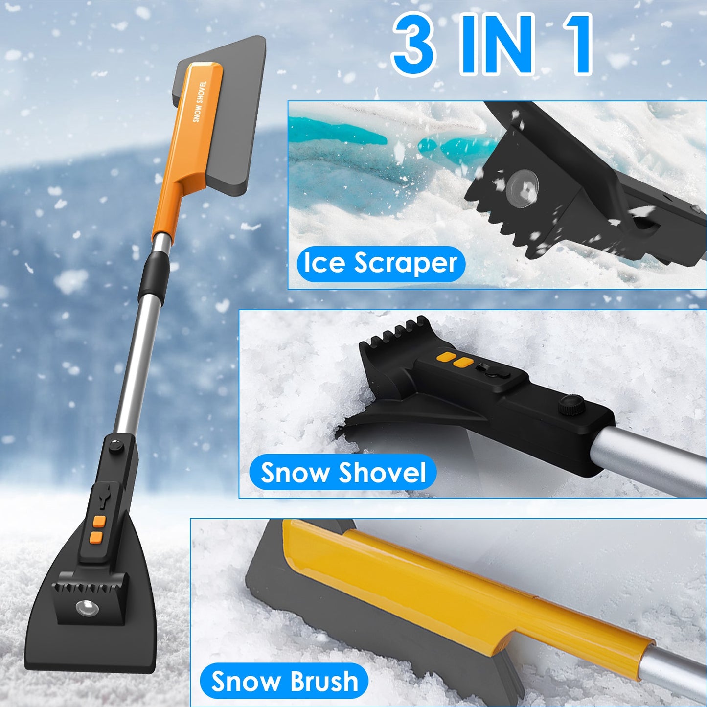 3 In 1 Car Snow Removal Tool with Lights - Telescopic Shovel & Ice Scraper