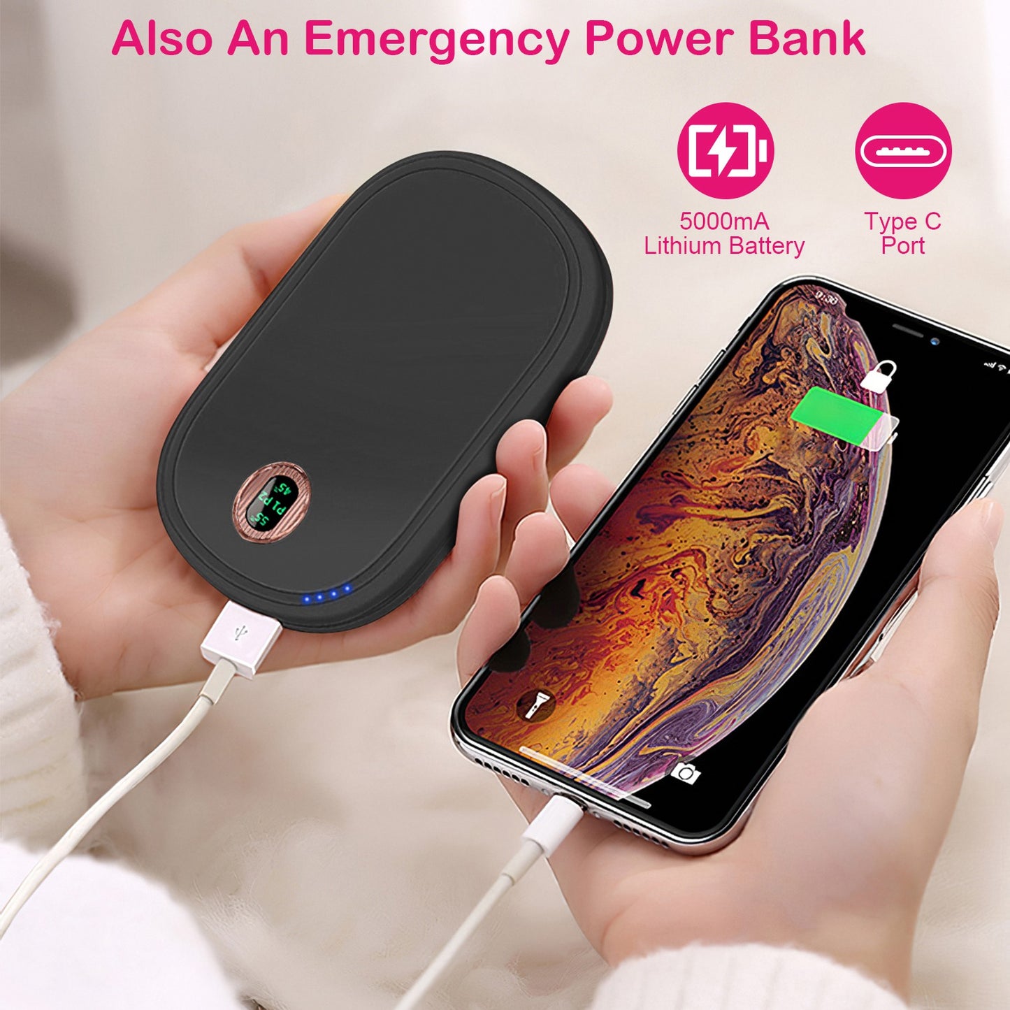 Rechargeable Hand Warmer - Portable Power Bank with Digital Display