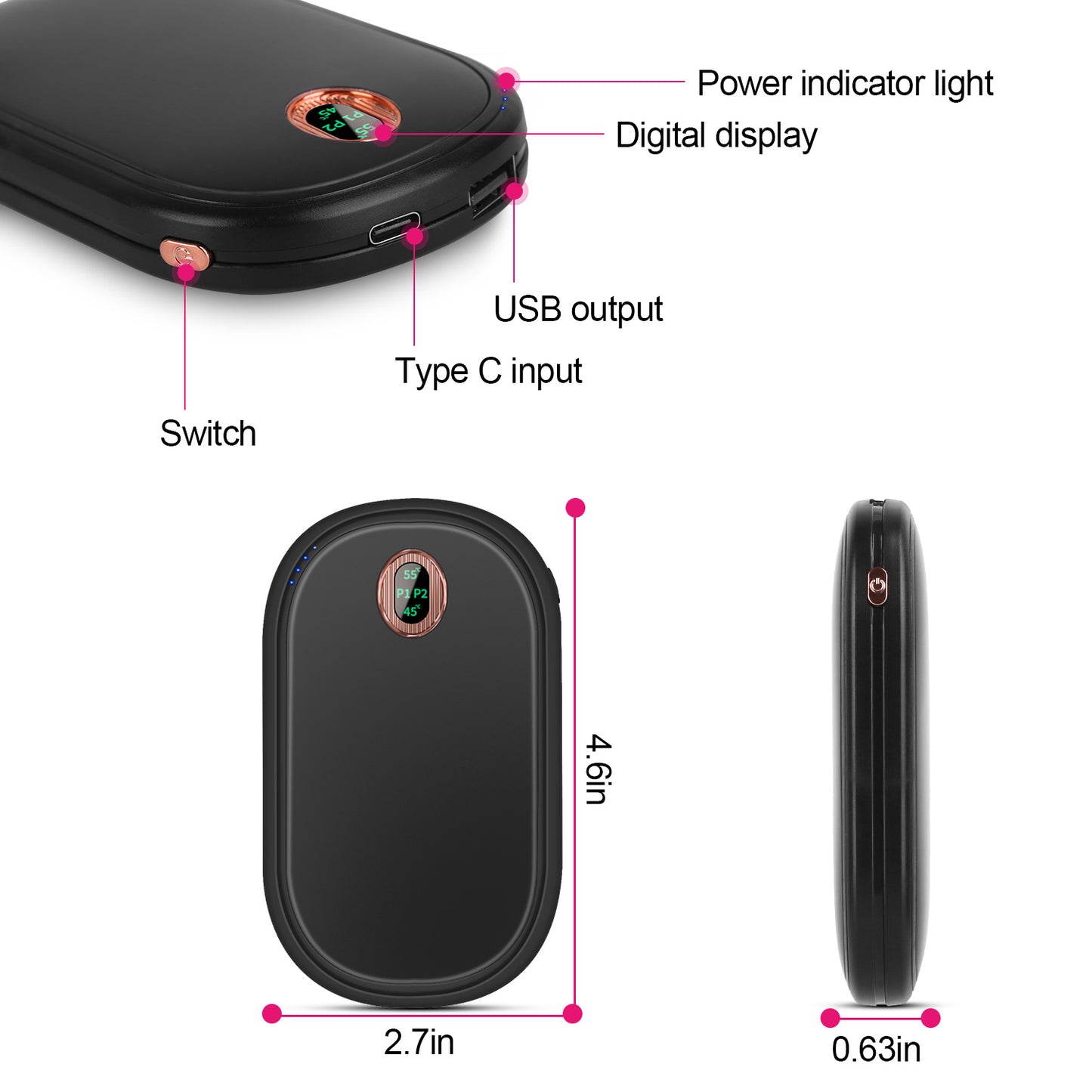 Rechargeable Hand Warmer - Portable Power Bank with Digital Display