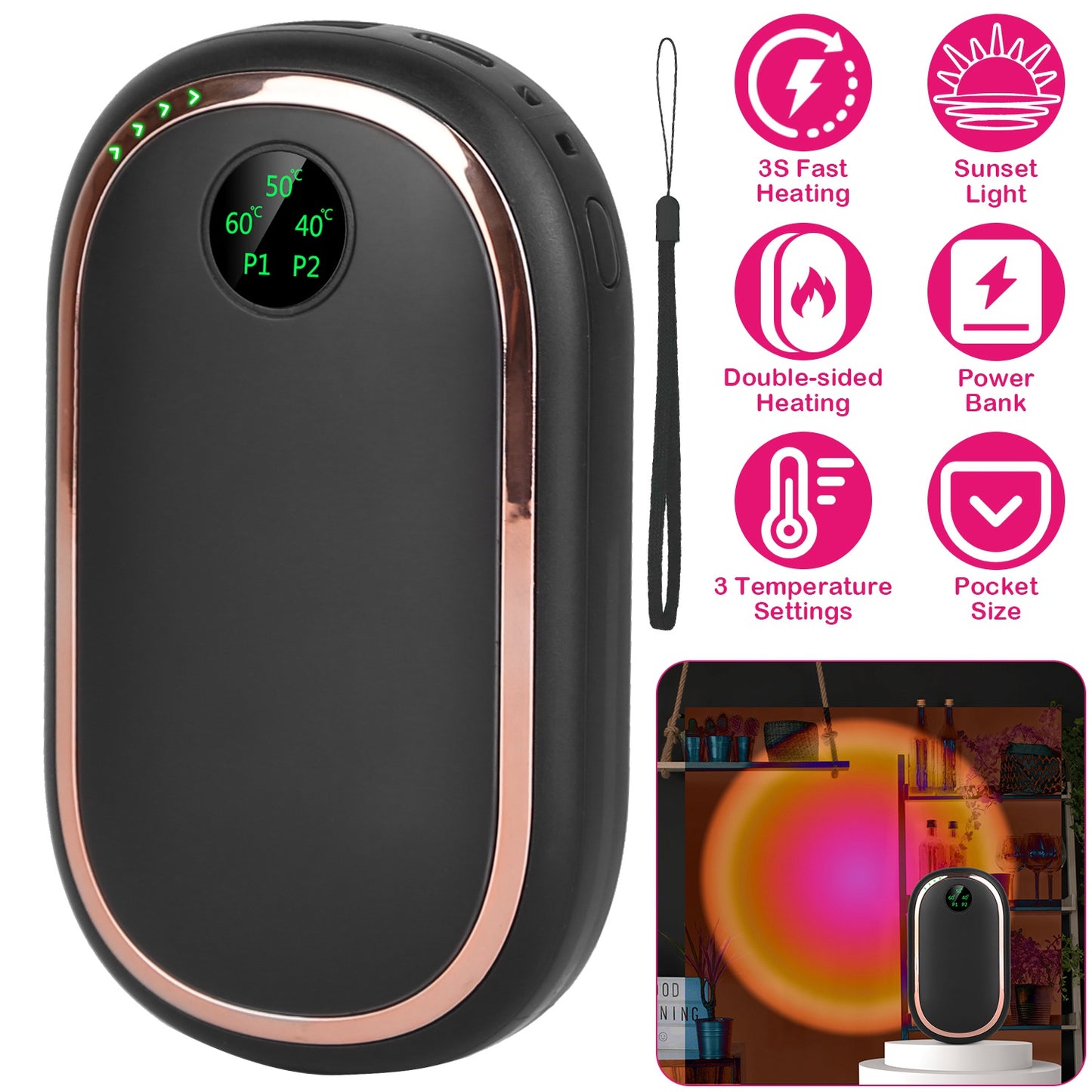 Rechargeable Hand Warmer with Digital Display - 3 Heating Levels
