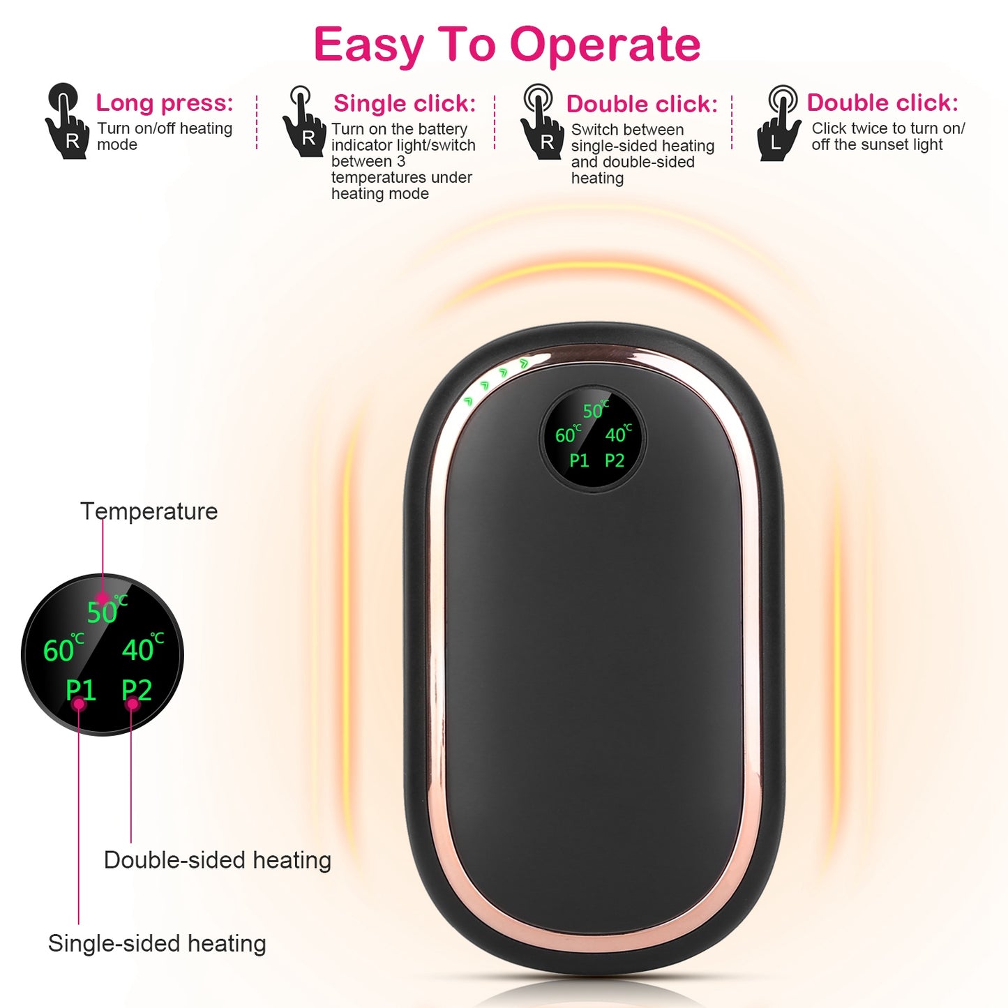 Rechargeable Hand Warmer with Digital Display - 3 Heating Levels