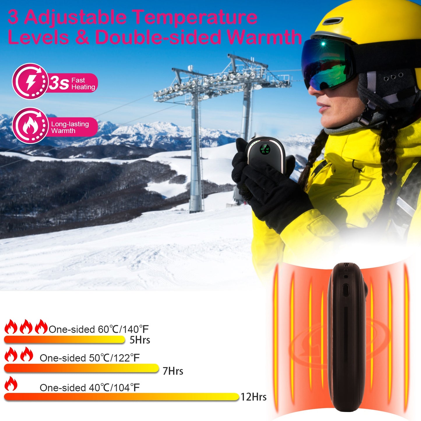 Rechargeable Hand Warmer with Digital Display - 3 Heating Levels