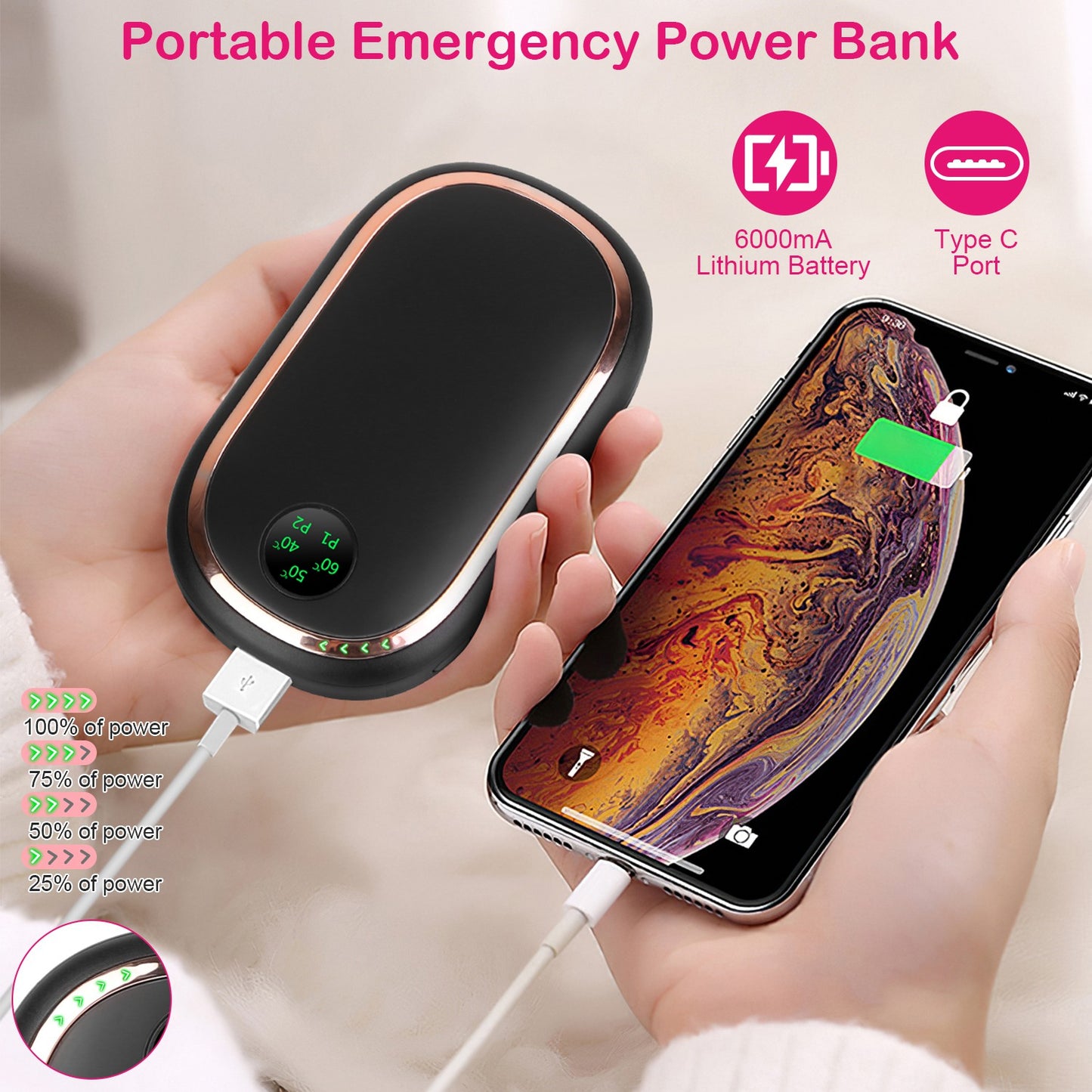 Rechargeable Hand Warmer with Digital Display - 3 Heating Levels