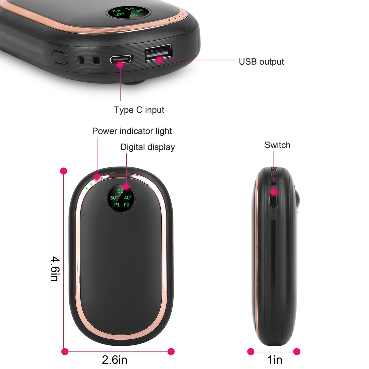 Rechargeable Hand Warmer with Digital Display - 3 Heating Levels