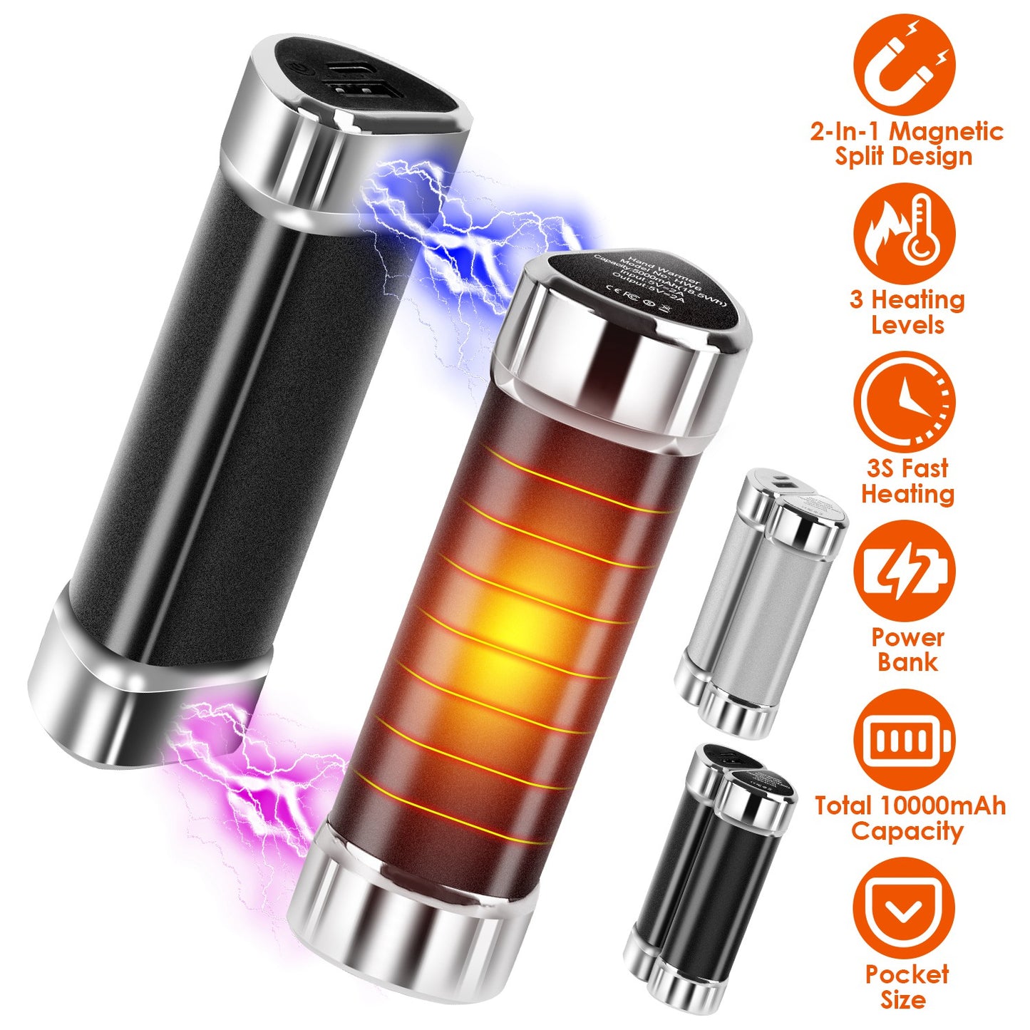 2-Pack Magnetic Hand Warmers & Power Bank with 3 Heating Levels