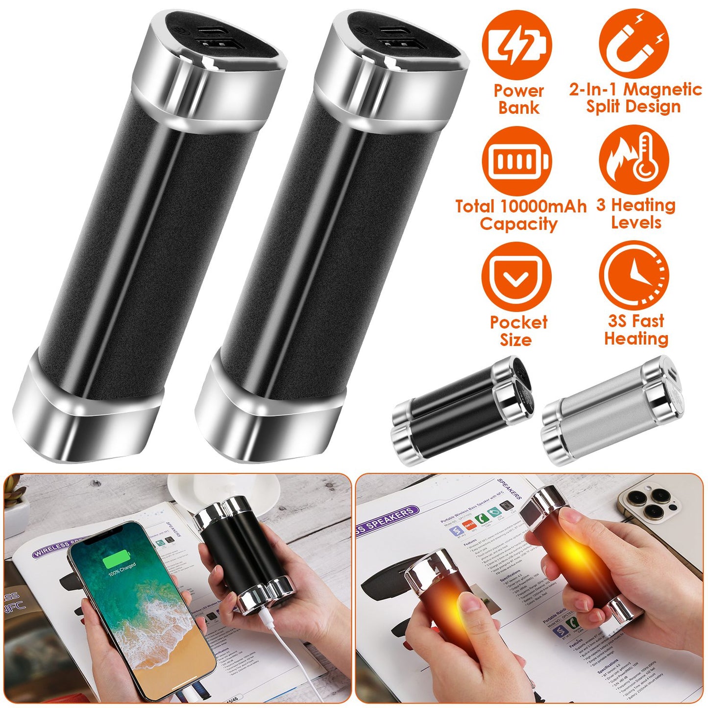 2-Pack Magnetic Hand Warmers & Power Bank with 3 Heating Levels