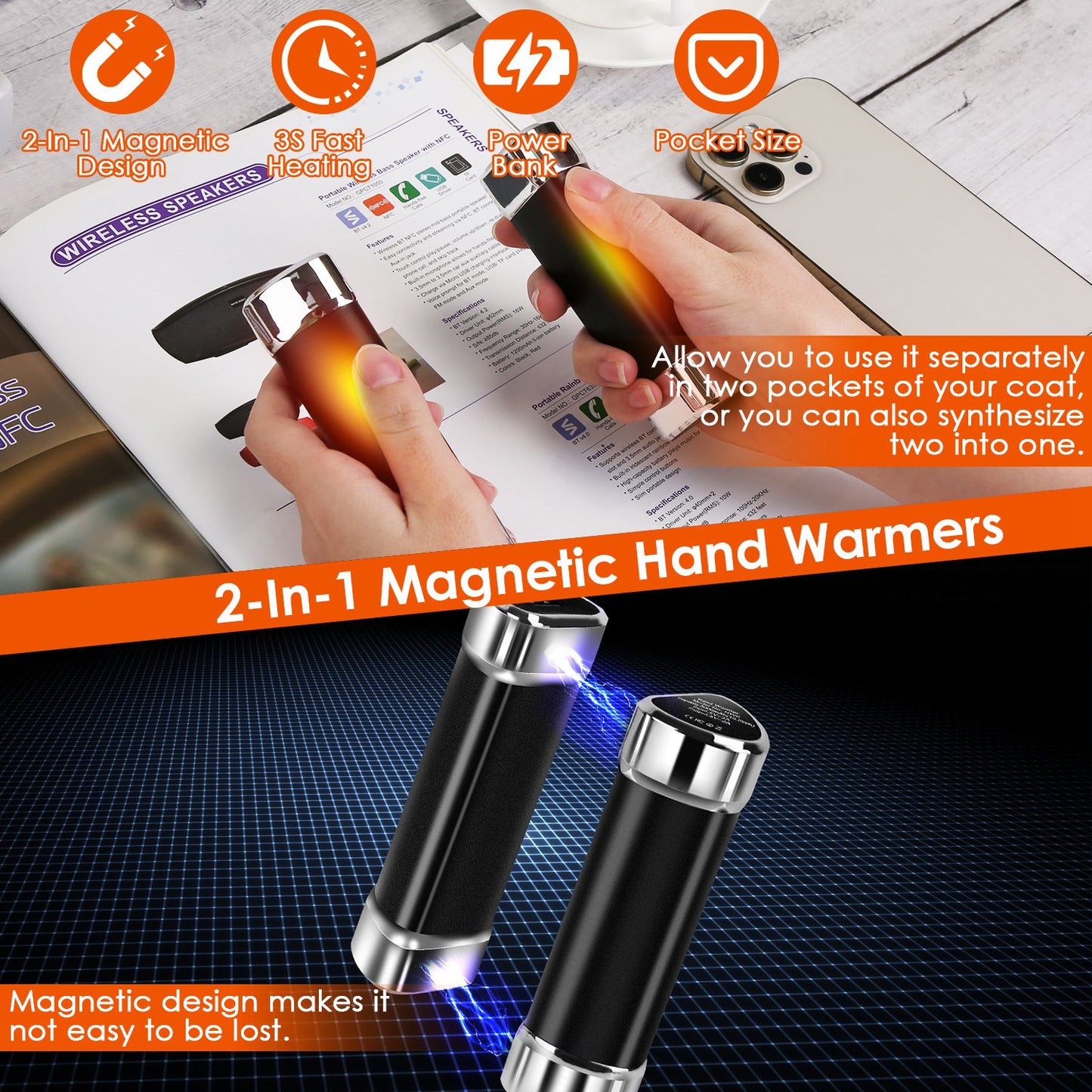 2-Pack Magnetic Hand Warmers & Power Bank with 3 Heating Levels