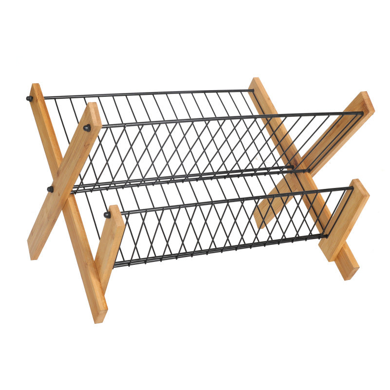Folding Bamboo Kitchen Dish Draining Storage Rack with Steel Frame