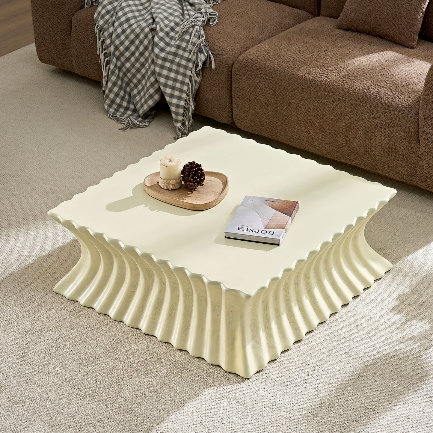 35.43 Inch Square Coffee Table - Vintage Sturdy Fiberglass, Beige