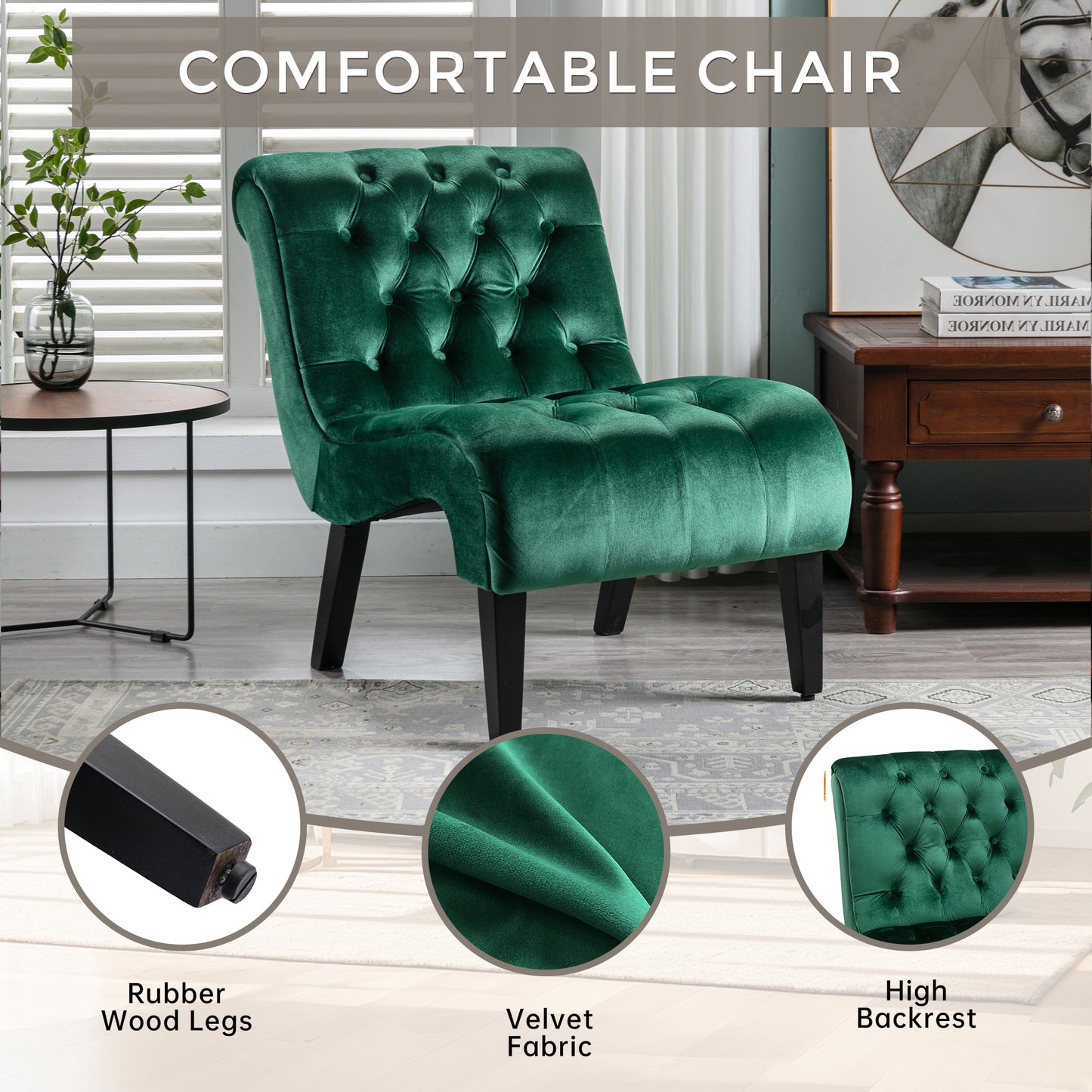 Modern Velvet Armless Accent Chair - Green Upholstered Lounge Chair