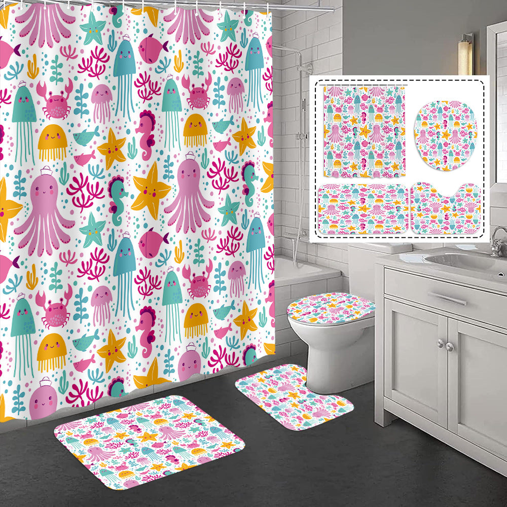 Bathroom Shower Curtain and Floor Mat Set - Polyester, Anti-slip, Modern Style