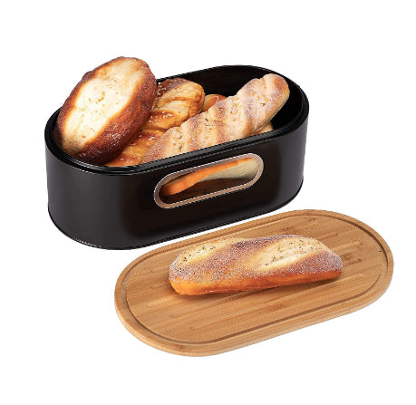 Black Metal and Bamboo Bread Box - Food Storage Organizer for Kitchen
