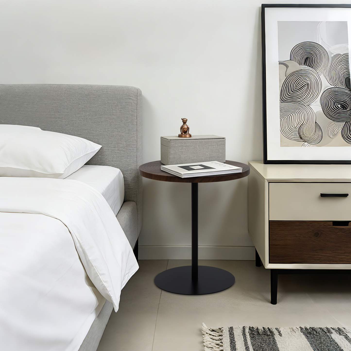 Small Round Side Table Set of 2 - Walnut Brown & Black
