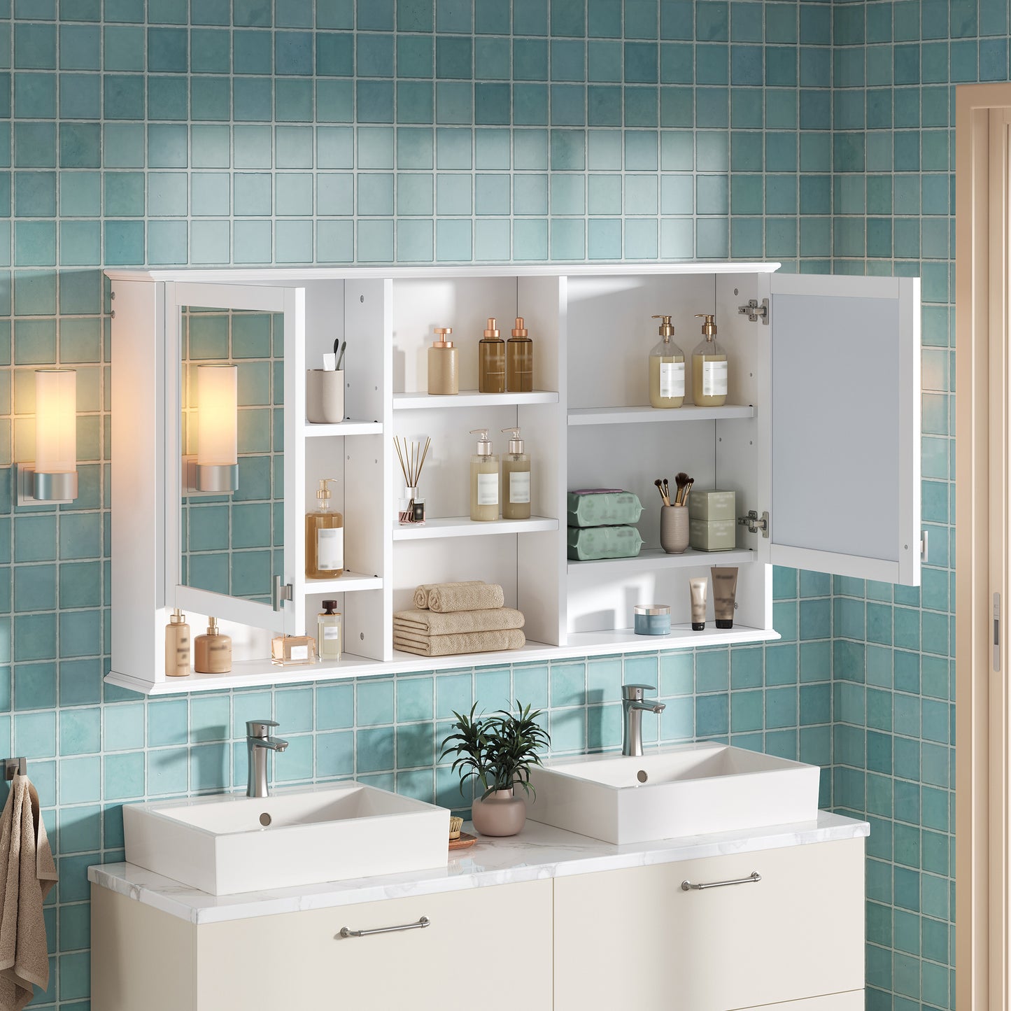 55-Inch Wall-Mount Mirror Cabinet with Adjustable Shelves - White